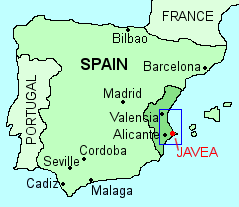 Map of Spain with Valencia in dark green and Javea marked.